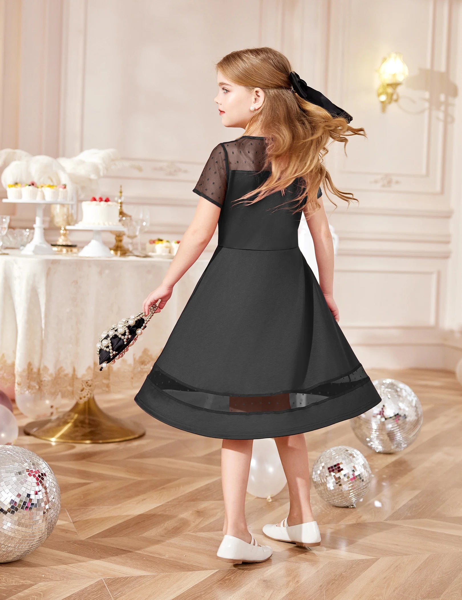 Oudiya Girls Contrast Mesh Short Sleeve A Line Party Dresses Formal Dress with Pockets for Tween 5-12Y