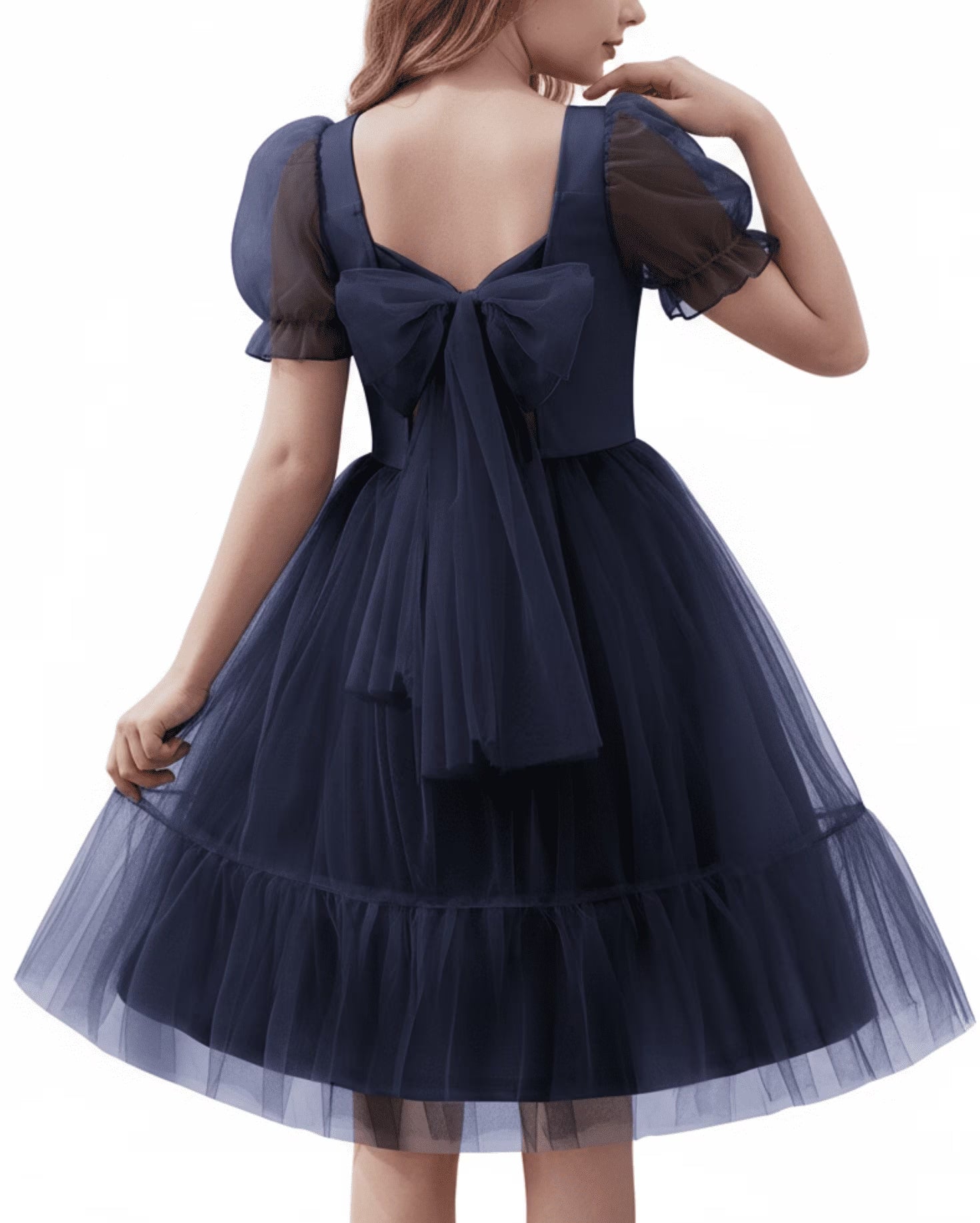 Oudiya Girls Tulle Dresses Puff Sleeve Bow Tie Back Spring Summer Party Holiday Dress for Kids 6-16