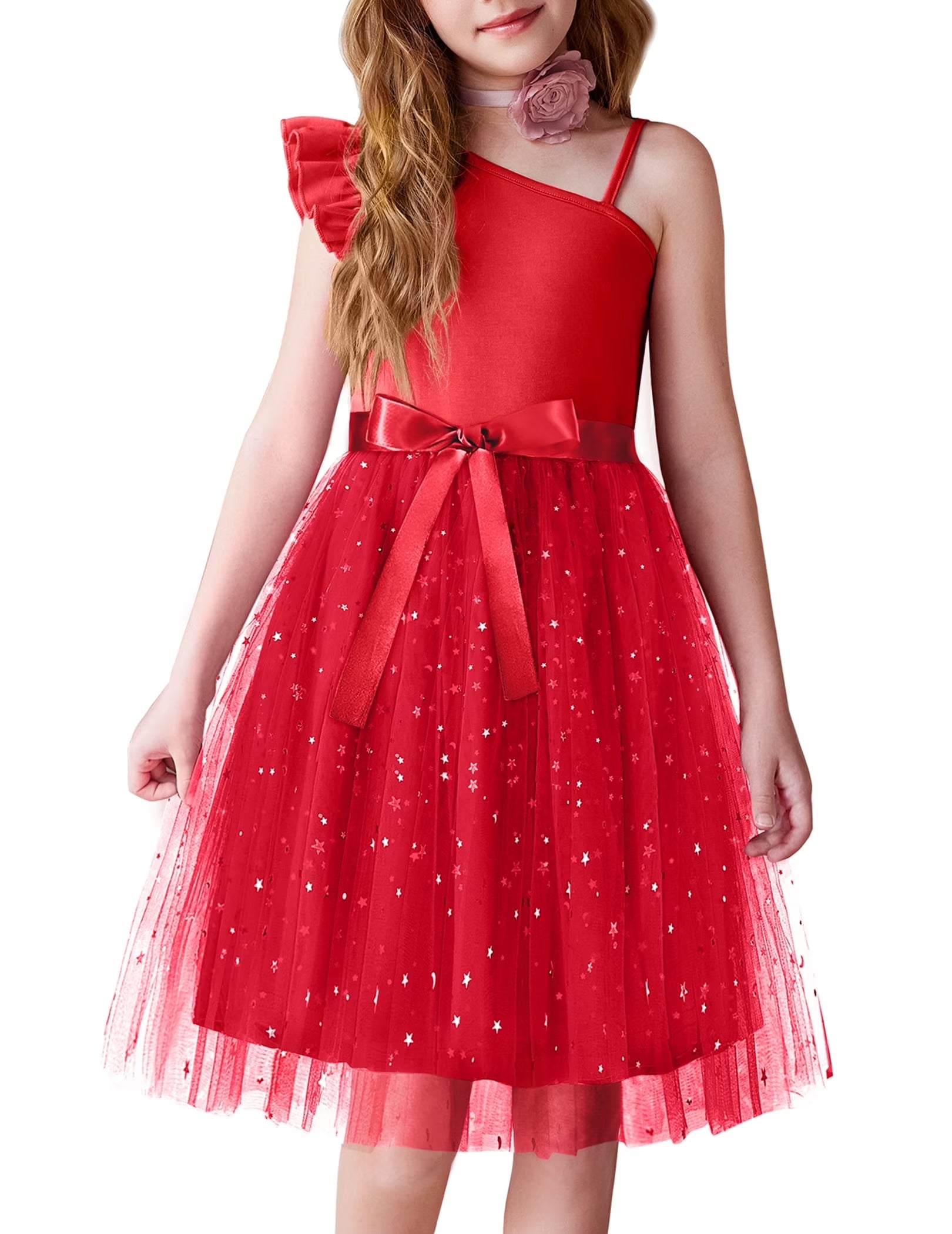 Oudiya Girls Spring One Shoulder Dresses Ruffle Sleeveless Formal Birthday Party Tulle Belted Dress for Kids 4-12Y