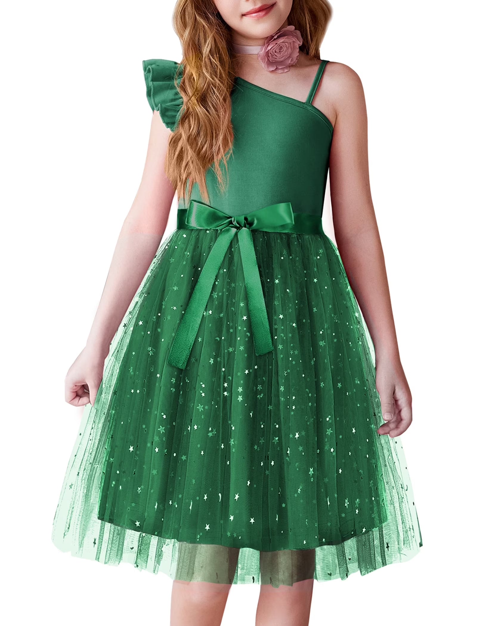 Oudiya Girls Spring One Shoulder Dresses Ruffle Sleeveless Formal Birthday Party Tulle Belted Dress for Kids 4-12Y