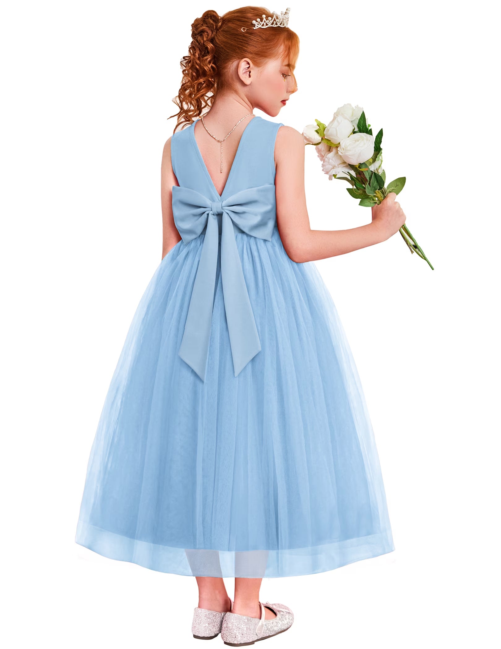 Oudiya Flower Girls Dress Bowknot V-Back Formal Pageant Ball Gown Party Wedding Tulle Long Dresses, 4-12Y