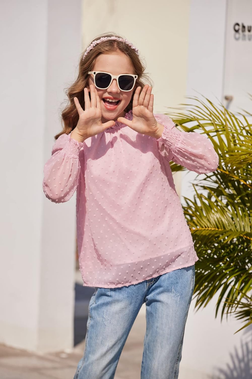 Oudiya Girls Long Sleeve Shirts Chiffon Swiss Dot Blouses Frill Neck Top Casual Loose Cute Tee for Kids 6-13Y