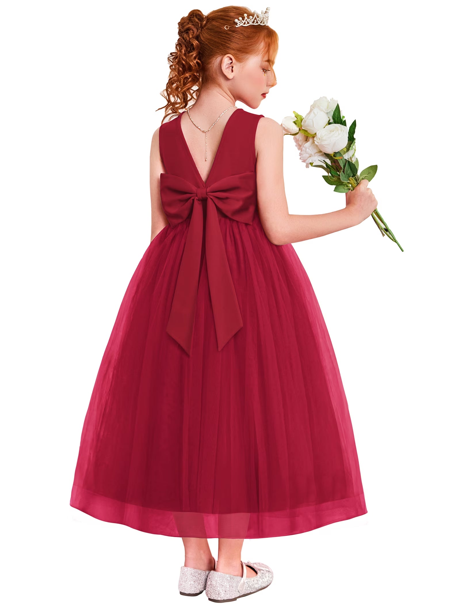 Oudiya Flower Girls Dress Bowknot V-Back Formal Pageant Ball Gown Party Wedding Tulle Long Dresses, 4-12Y