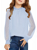 Oudiya Girls Long Sleeve Shirts Chiffon Swiss Dot Blouses Frill Neck Top Casual Loose Cute Tee for Kids 6-13Y
