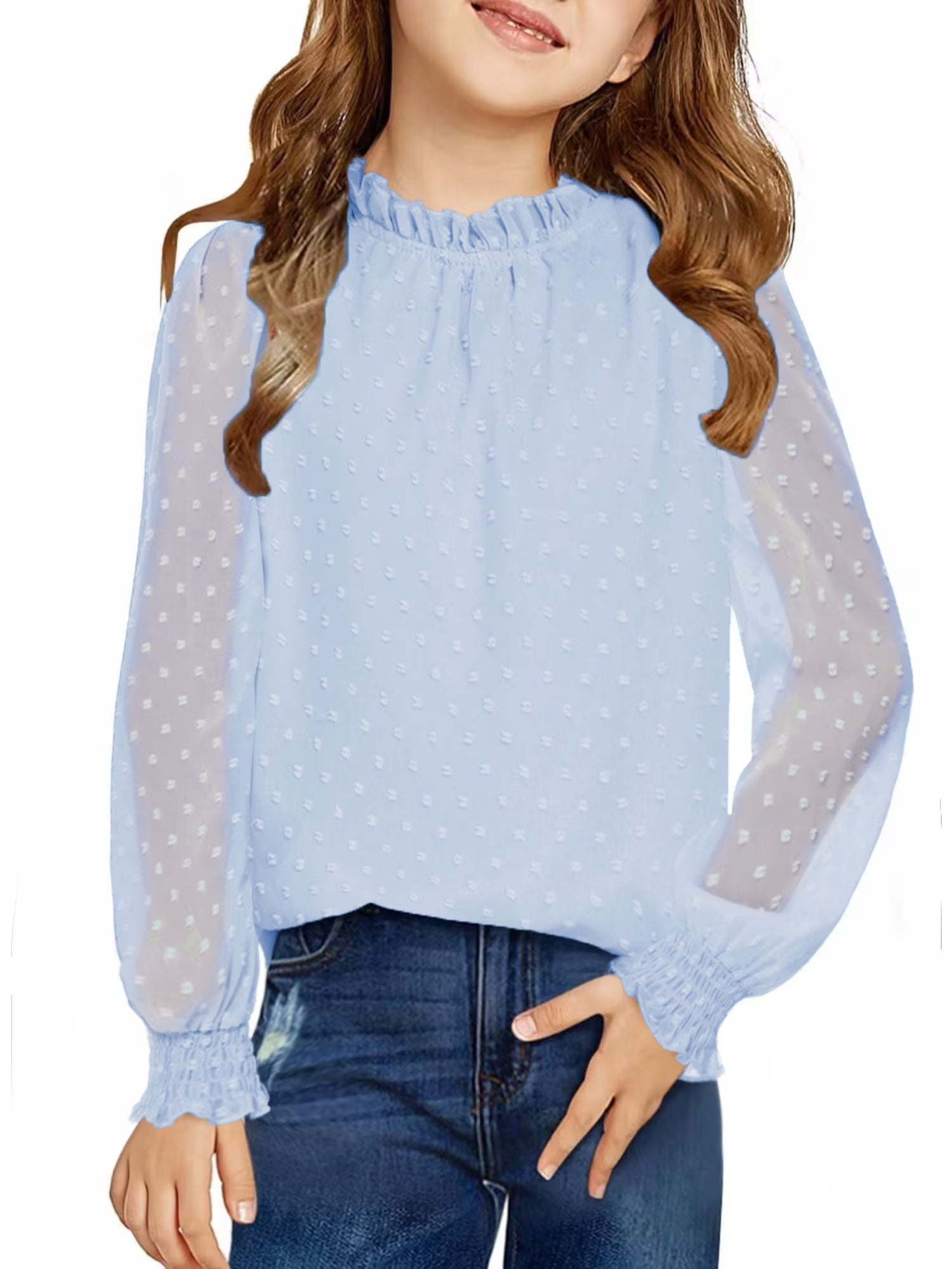 Oudiya Girls Long Sleeve Shirts Chiffon Swiss Dot Blouses Frill Neck Top Casual Loose Cute Tee for Kids 6-13Y
