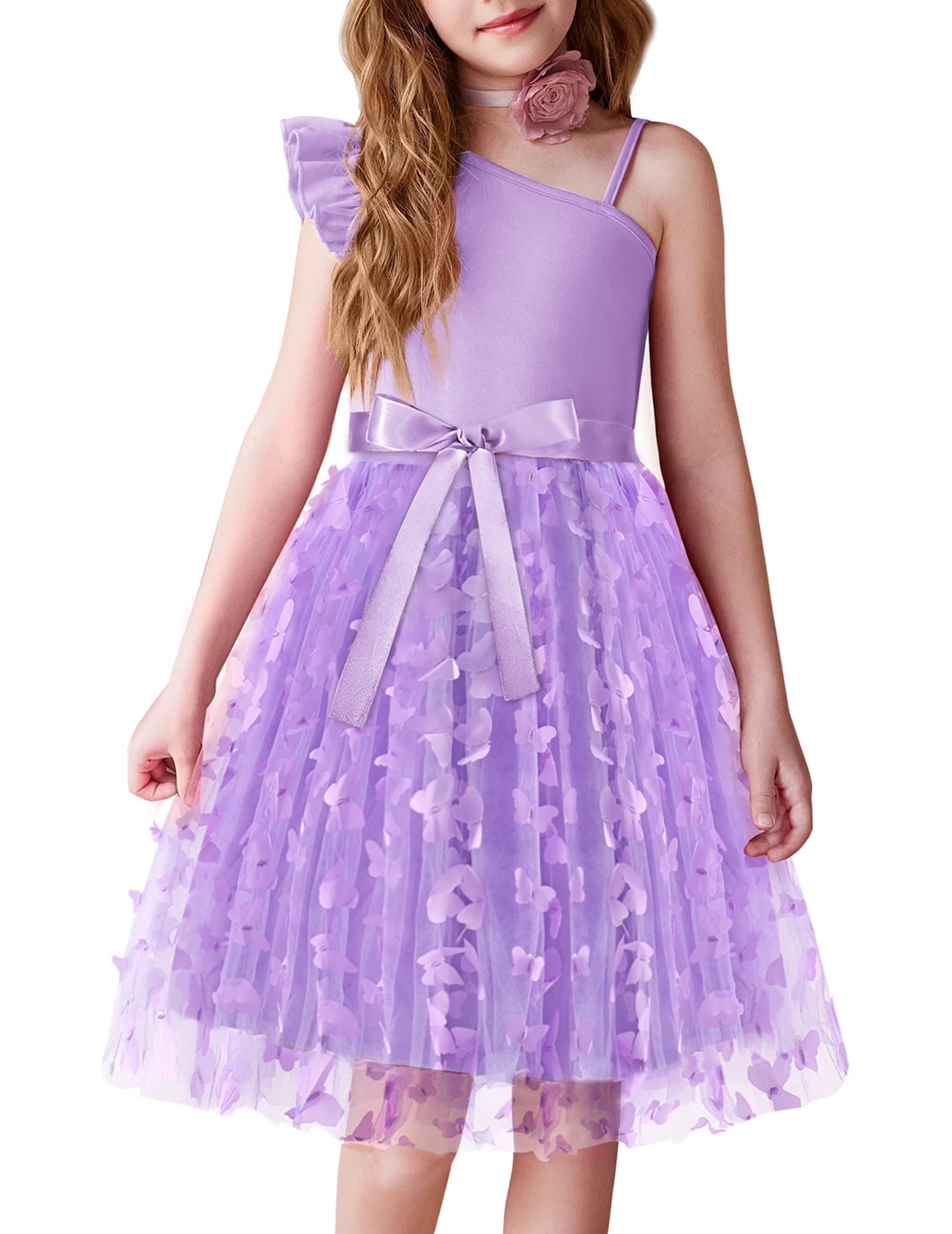 Oudiya Girls Spring One Shoulder Dresses Ruffle Sleeveless Formal Birthday Party Tulle Belted Dress for Kids 4-12Y