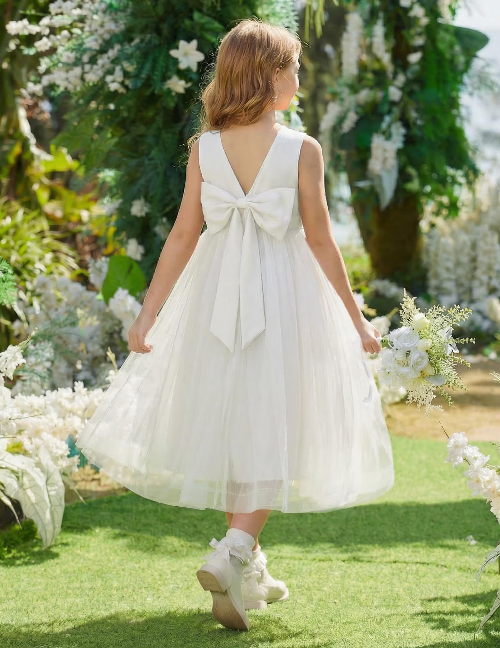 Oudiya Flower Girls Dress Bowknot V-Back Formal Pageant Ball Gown Party Wedding Tulle Long Dresses, 4-12Y