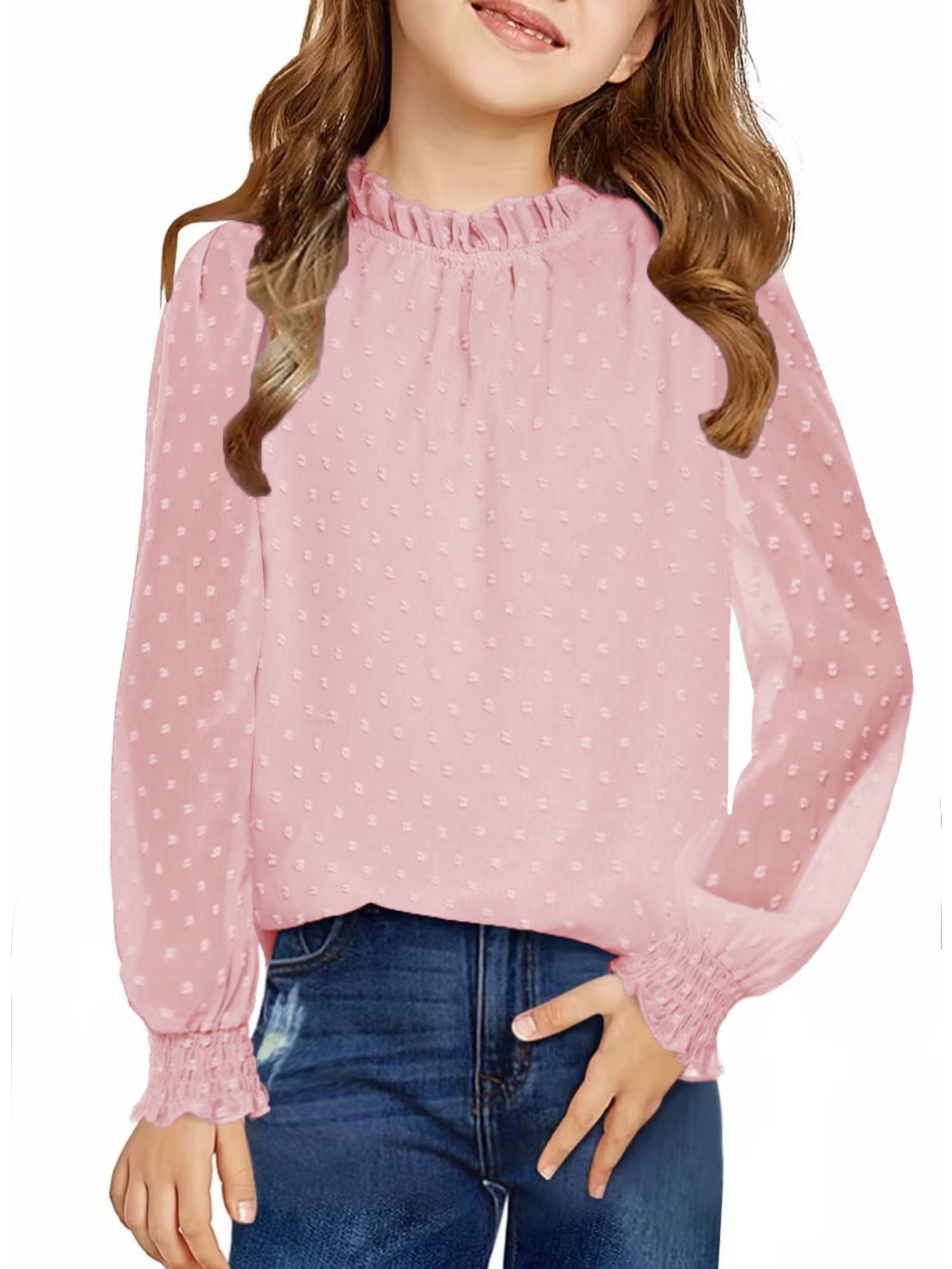 Oudiya Girls Long Sleeve Shirts Chiffon Swiss Dot Blouses Frill Neck Top Casual Loose Cute Tee for Kids 6-13Y