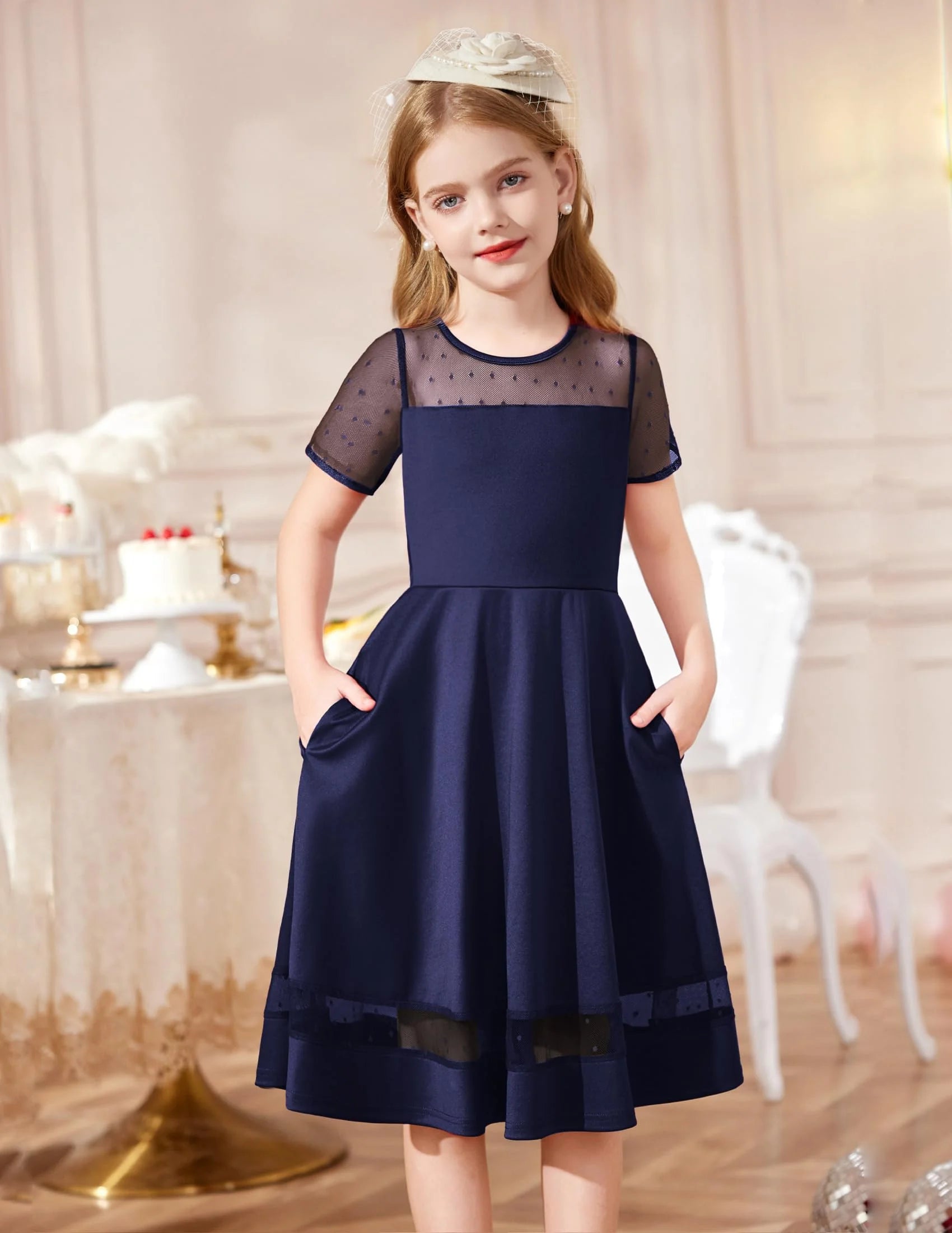 Oudiya Girls Contrast Mesh Short Sleeve A Line Party Dresses Formal Dress with Pockets for Tween 5-12Y