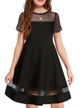 Oudiya Girls Contrast Mesh Short Sleeve A Line Party Dresses Formal Dress with Pockets for Tween 5-12Y