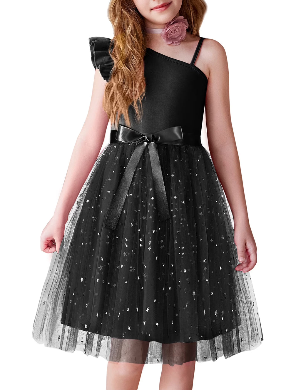 Oudiya Girls Spring One Shoulder Dresses Ruffle Sleeveless Formal Birthday Party Tulle Belted Dress for Kids 4-12Y