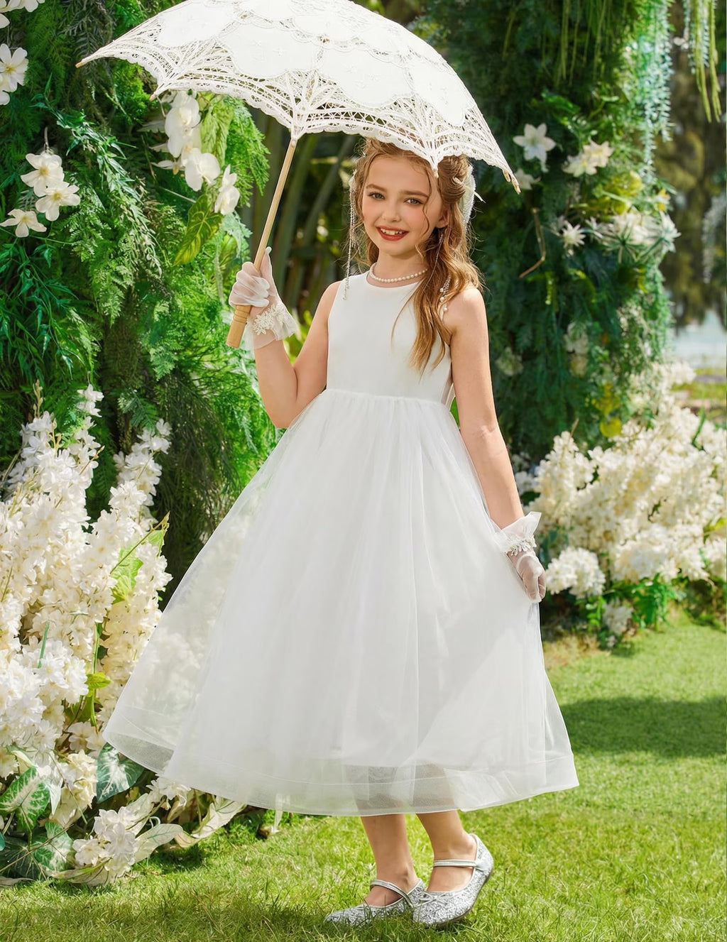 Oudiya Flower Girls Dress Bowknot V-Back Formal Pageant Ball Gown Party Wedding Tulle Long Dresses, 4-12Y