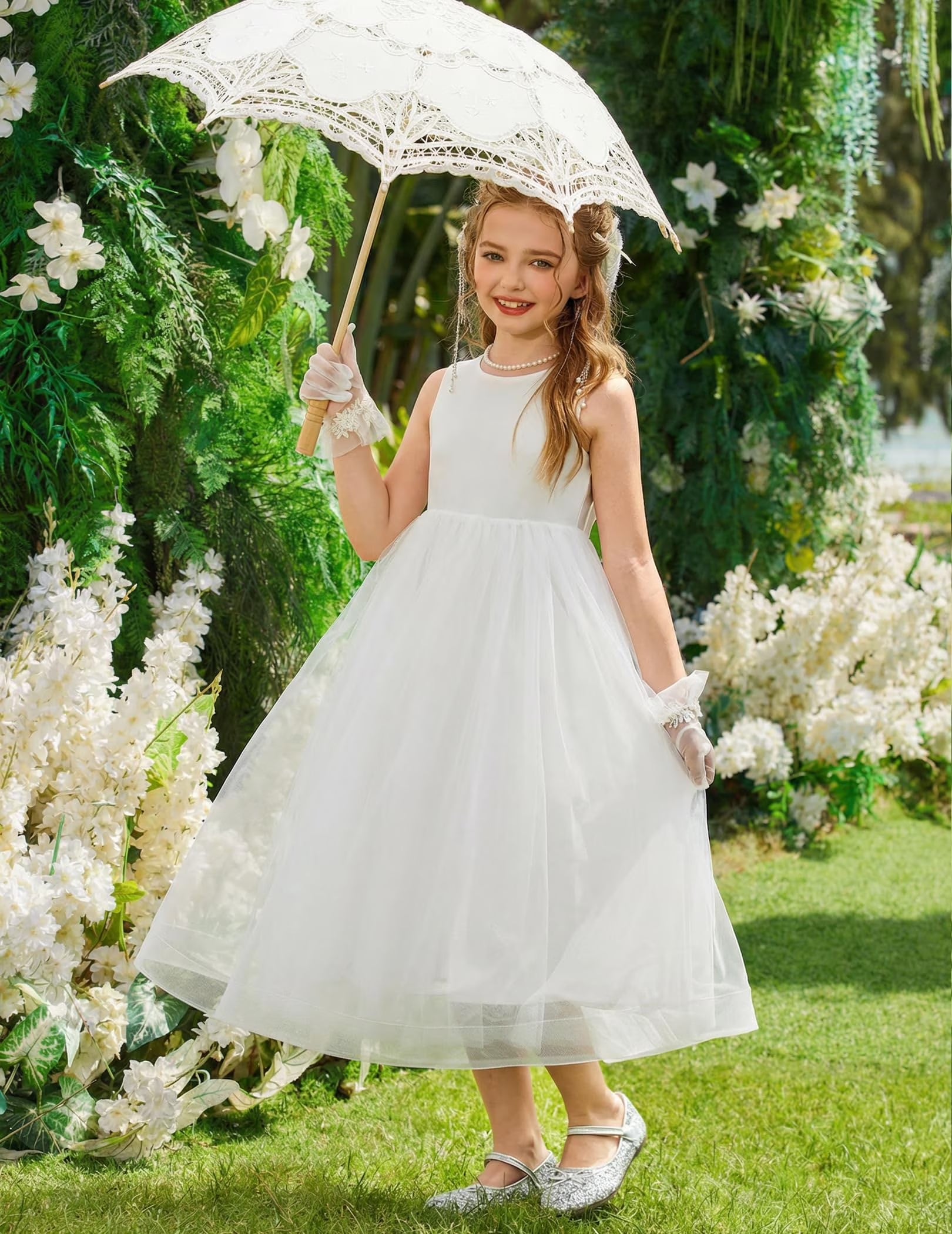 Oudiya Flower Girls Dress Bowknot V-Back Formal Pageant Ball Gown Party Wedding Tulle Long Dresses, 4-12Y
