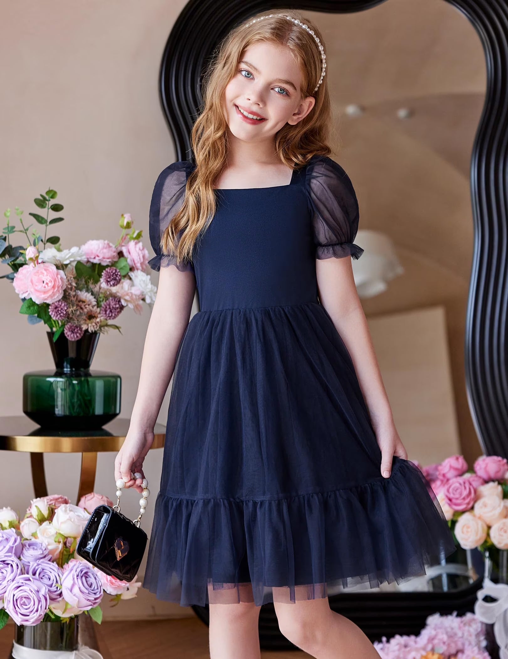 Oudiya Girls Tulle Dresses Puff Sleeve Bow Tie Back Spring Summer Party Holiday Dress for Kids 6-16