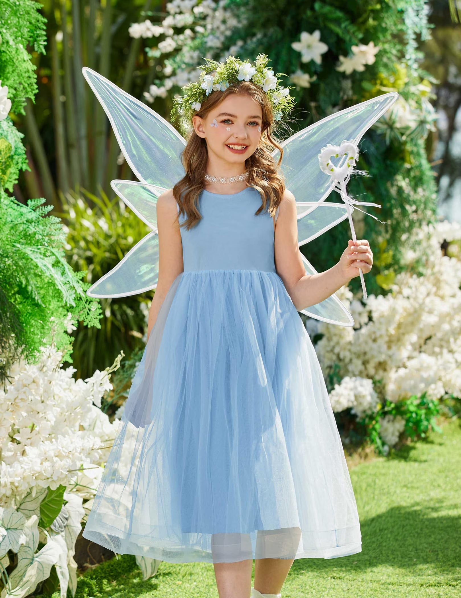 Oudiya Flower Girls Dress Bowknot V-Back Formal Pageant Ball Gown Party Wedding Tulle Long Dresses, 4-12Y