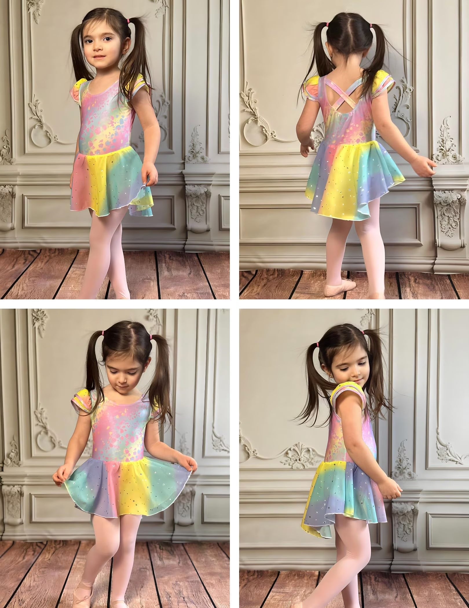 Oudiya Girls Ballet Dress Ruffle Sleeve Dance Leotard with Skirt Criss Cross Back Dance Clothes for Kids 3-4Y