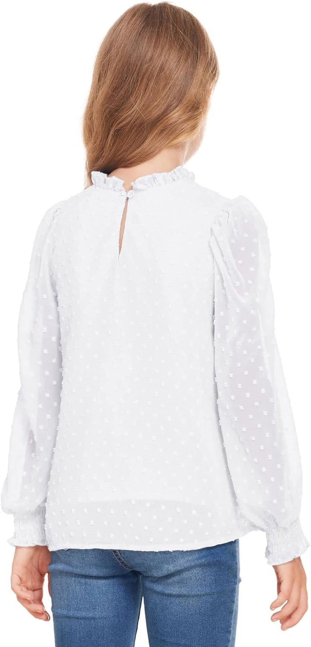 Oudiya Girls Long Sleeve Shirts Chiffon Swiss Dot Blouses Frill Neck Top Casual Loose Cute Tee for Kids 6-13Y