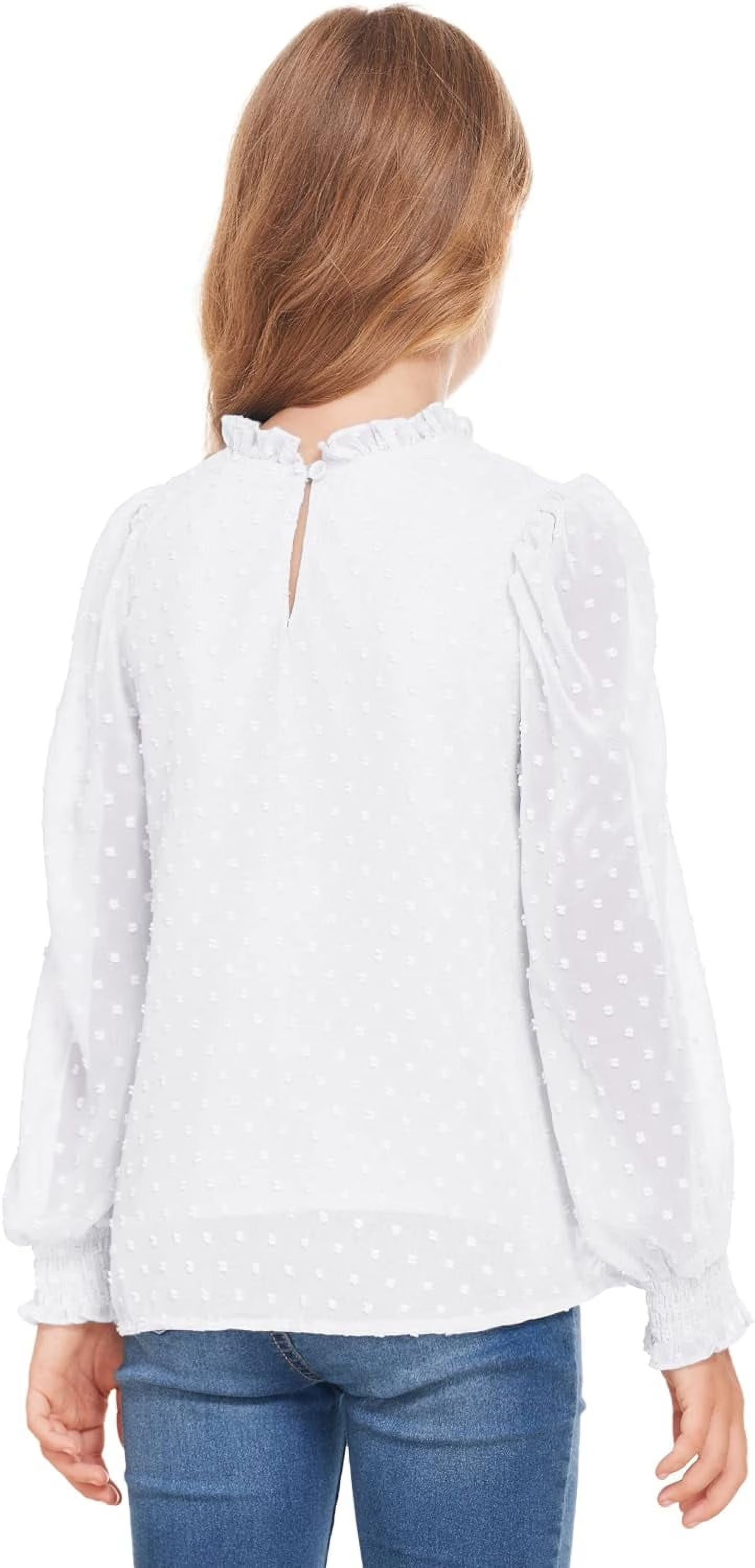 Oudiya Girls Long Sleeve Shirts Chiffon Swiss Dot Blouses Frill Neck Top Casual Loose Cute Tee for Kids 6-13Y