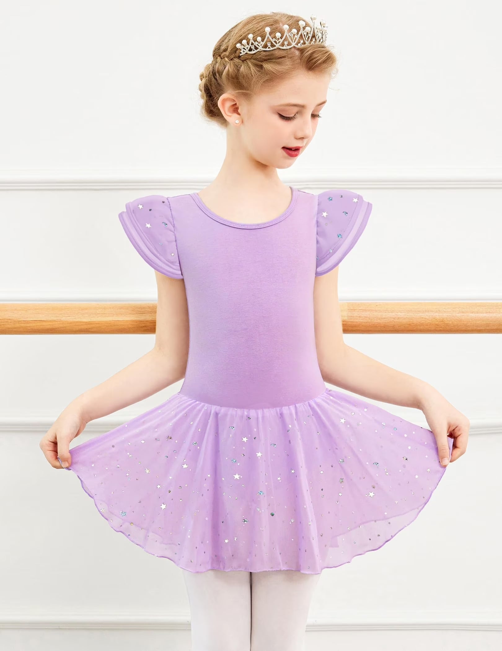 Oudiya Girls Ballet Dress Ruffle Sleeve Dance Leotard with Skirt Criss Cross Back Dance Clothes for Kids 3-4Y