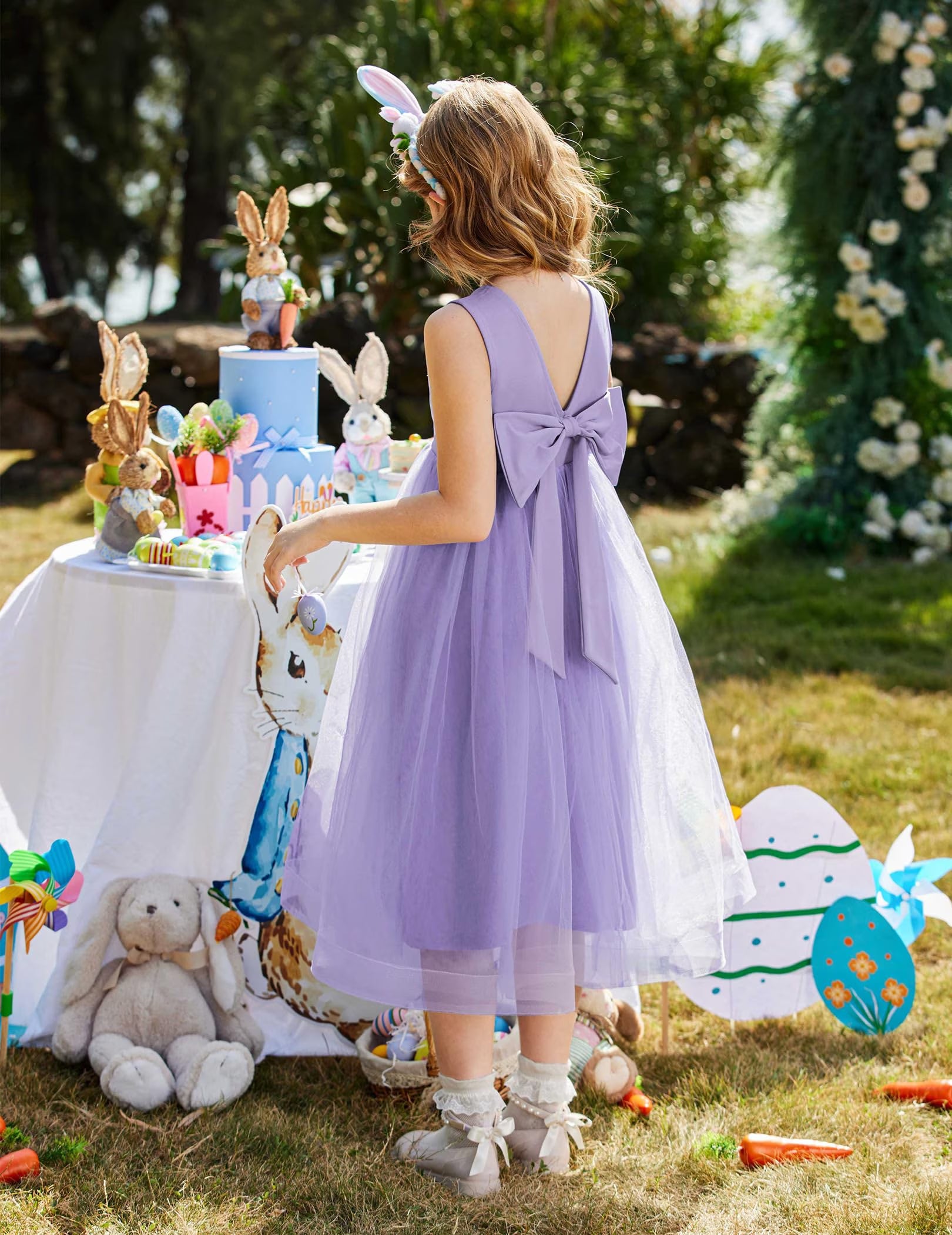 Oudiya Flower Girls Dress Bowknot V-Back Formal Pageant Ball Gown Party Wedding Tulle Long Dresses, 4-12Y