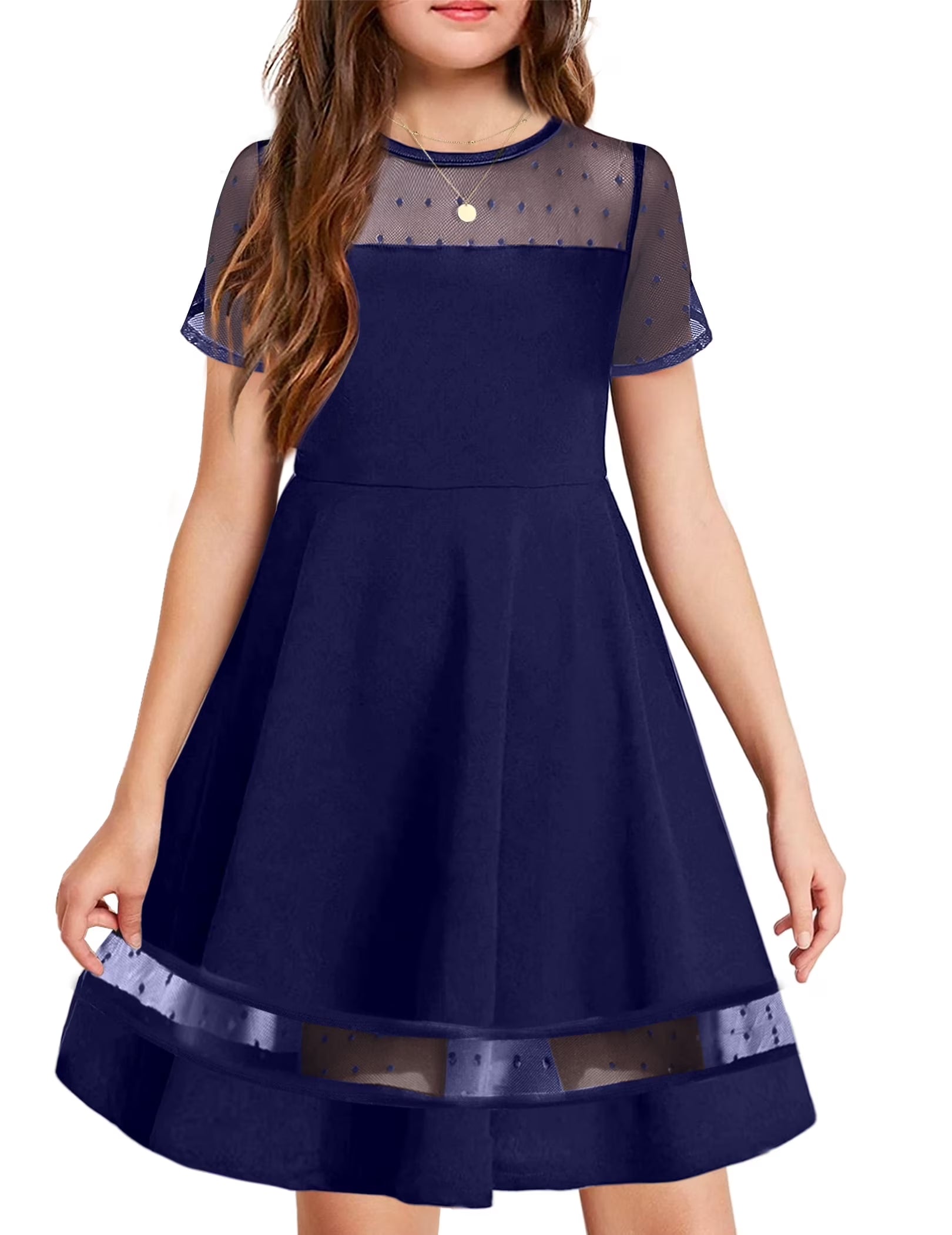 Oudiya Girls Contrast Mesh Short Sleeve A Line Party Dresses Formal Dress with Pockets for Tween 5-12Y