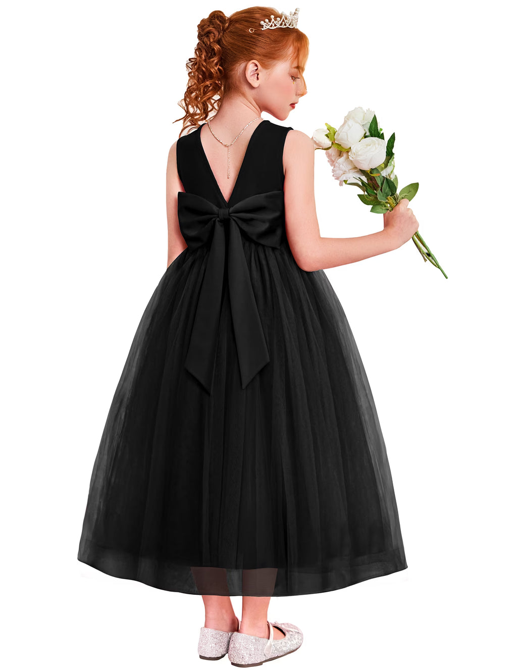 Oudiya Flower Girls Dress Bowknot V-Back Formal Pageant Ball Gown Party Wedding Tulle Long Dresses, 4-12Y