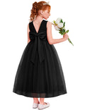 Oudiya Flower Girls Dress Bowknot V-Back Formal Pageant Ball Gown Party Wedding Tulle Long Dresses, 4-12Y