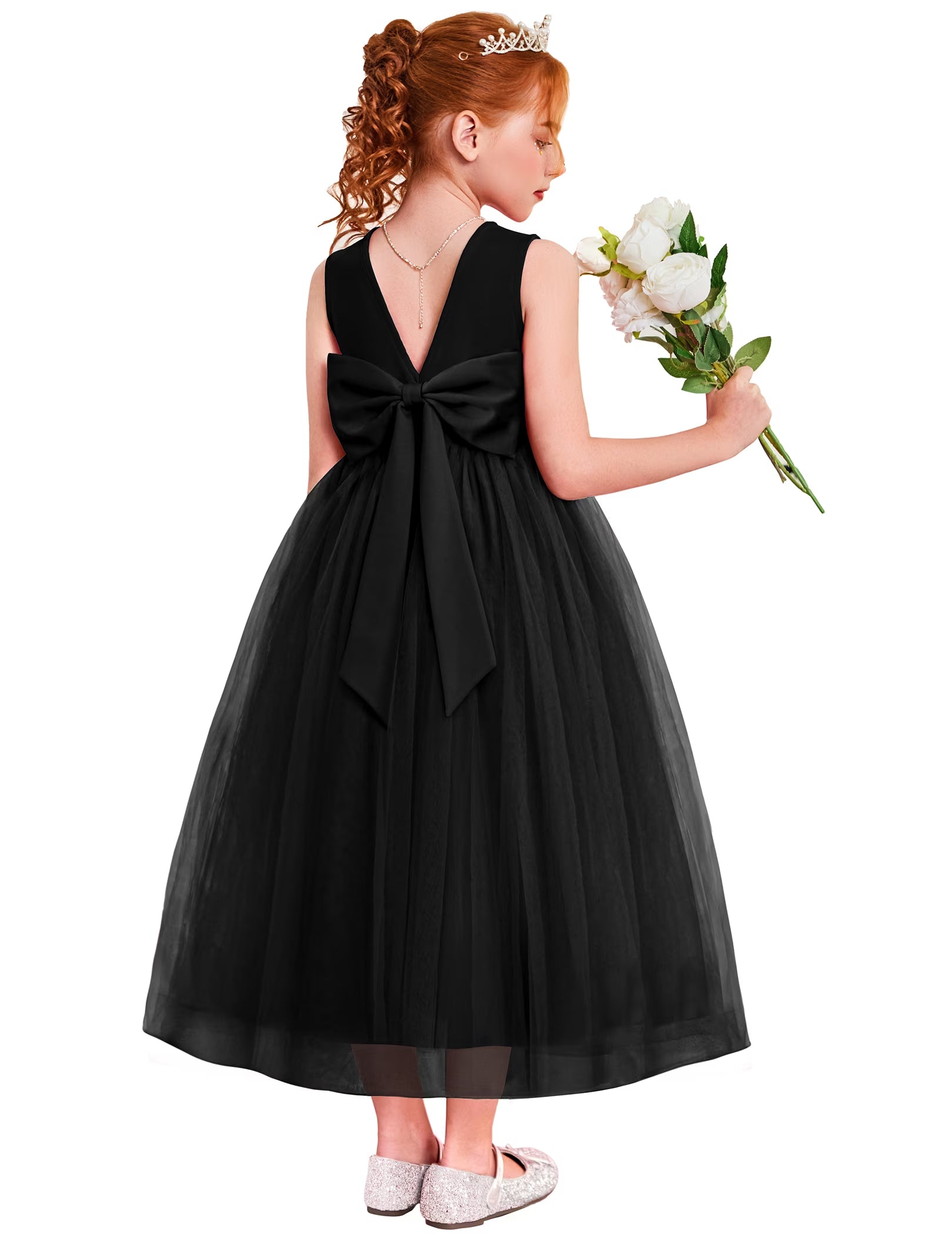 Oudiya Flower Girls Dress Bowknot V-Back Formal Pageant Ball Gown Party Wedding Tulle Long Dresses, 4-12Y