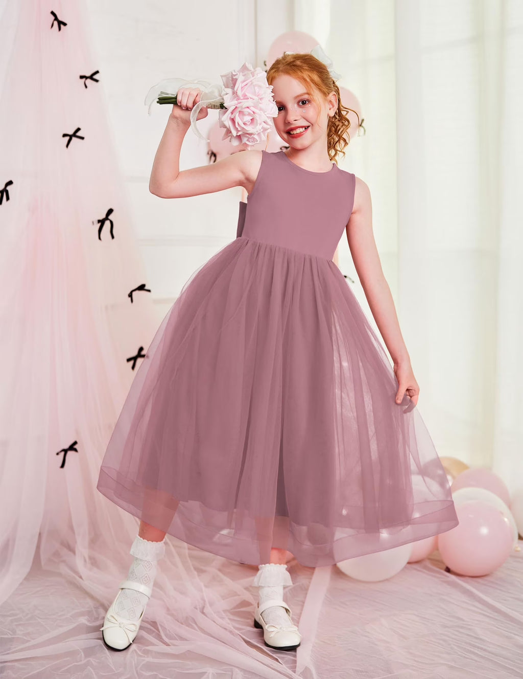 Oudiya Flower Girls Dress Bowknot V-Back Formal Pageant Ball Gown Party Wedding Tulle Long Dresses, 4-12Y