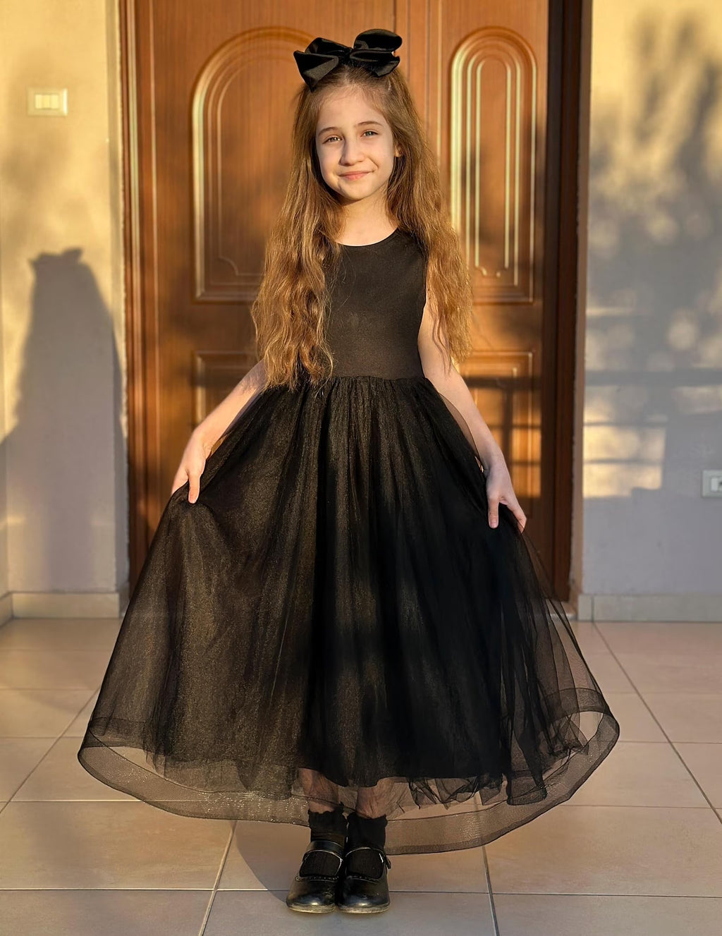 Oudiya Flower Girls Dress Bowknot V-Back Formal Pageant Ball Gown Party Wedding Tulle Long Dresses, 4-12Y