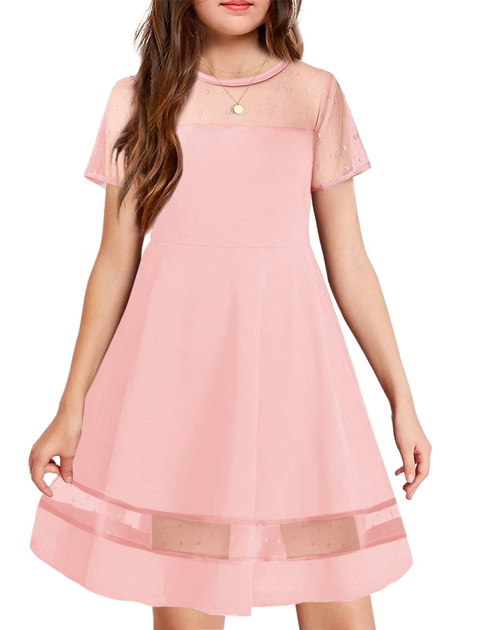 Oudiya Girls Contrast Mesh Short Sleeve A Line Party Dresses Formal Dress with Pockets for Tween 5-12Y
