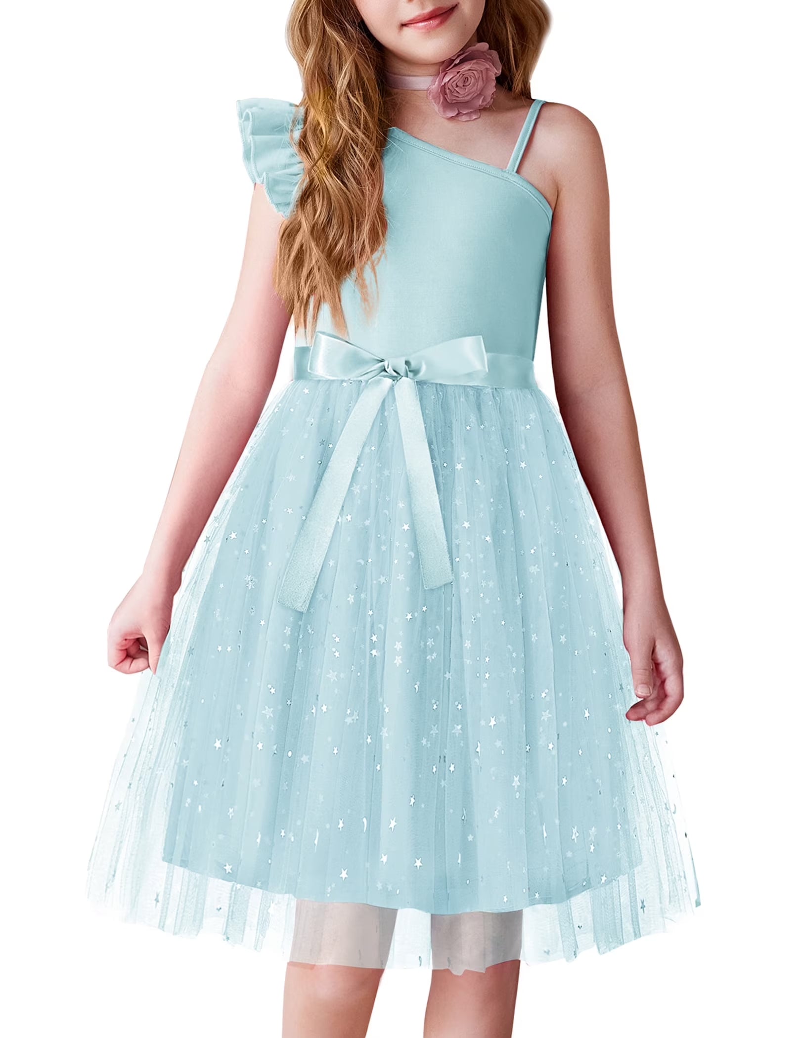 Oudiya Girls Spring One Shoulder Dresses Ruffle Sleeveless Formal Birthday Party Tulle Belted Dress for Kids 4-12Y