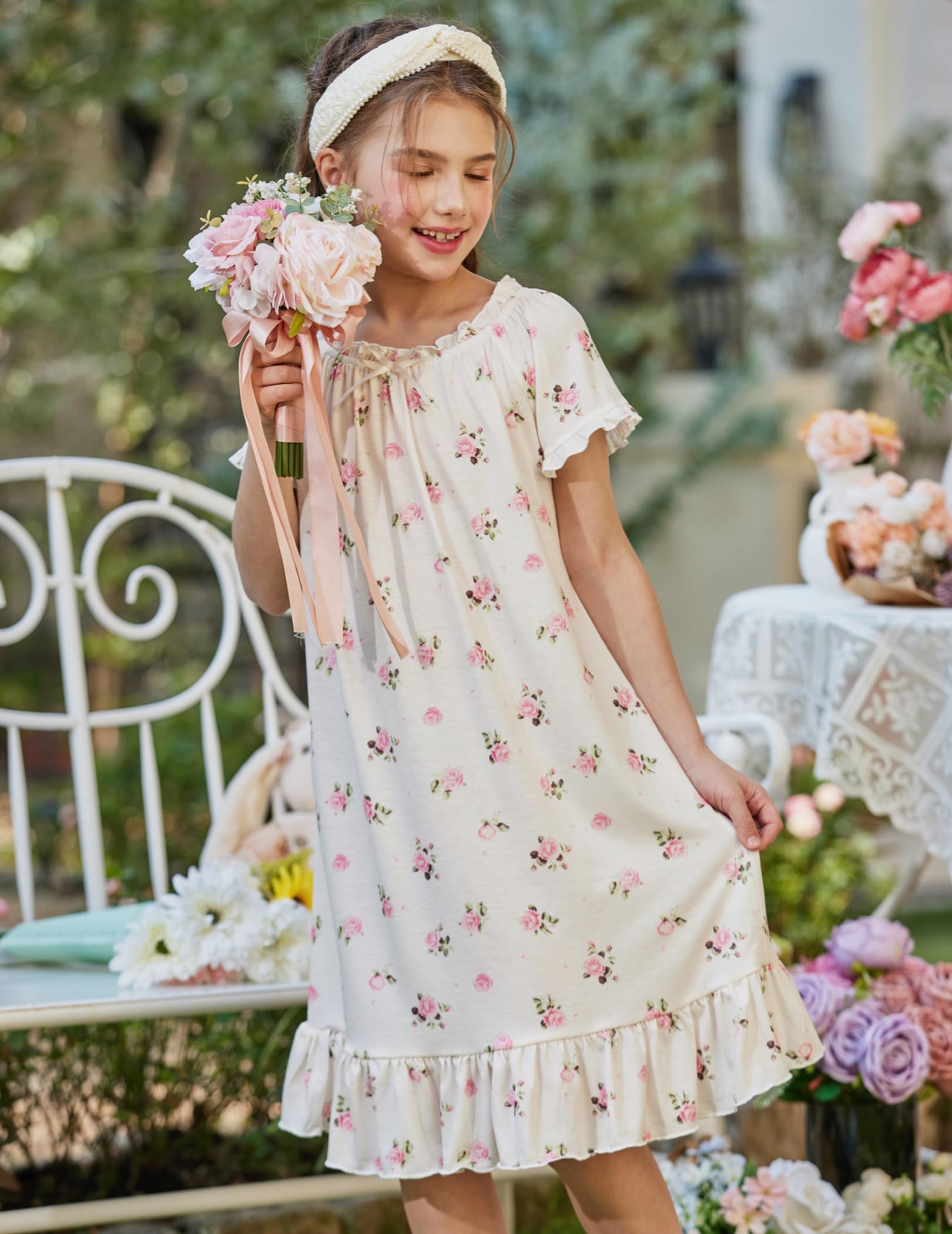 Oudiya Girls Short Sleeve Nightgowns Princess Sleepwear with Ruffled Hem Pajama Dress for Kids 3-12 Years