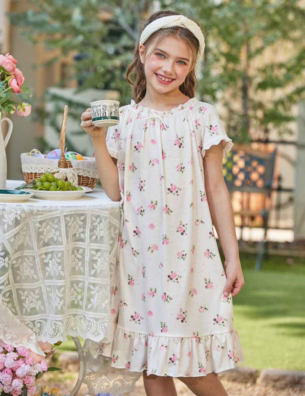 Oudiya Girls Short Sleeve Nightgowns Princess Sleepwear with Ruffled Hem Pajama Dress for Kids 3-12 Years