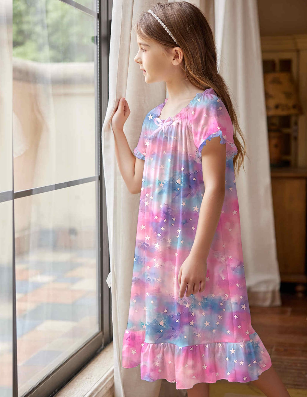 Oudiya Girls Short Sleeve Nightgowns Princess Sleepwear with Ruffled Hem Pajama Dress for Kids 3-12 Years