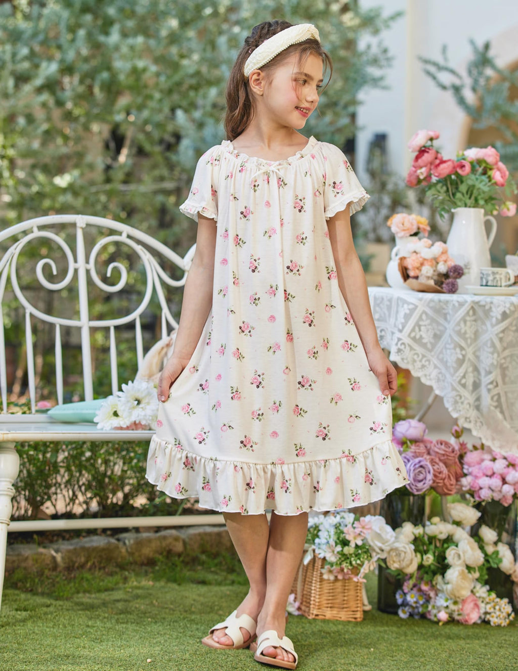 Oudiya Girls Short Sleeve Nightgowns Princess Sleepwear with Ruffled Hem Pajama Dress for Kids 3-12 Years