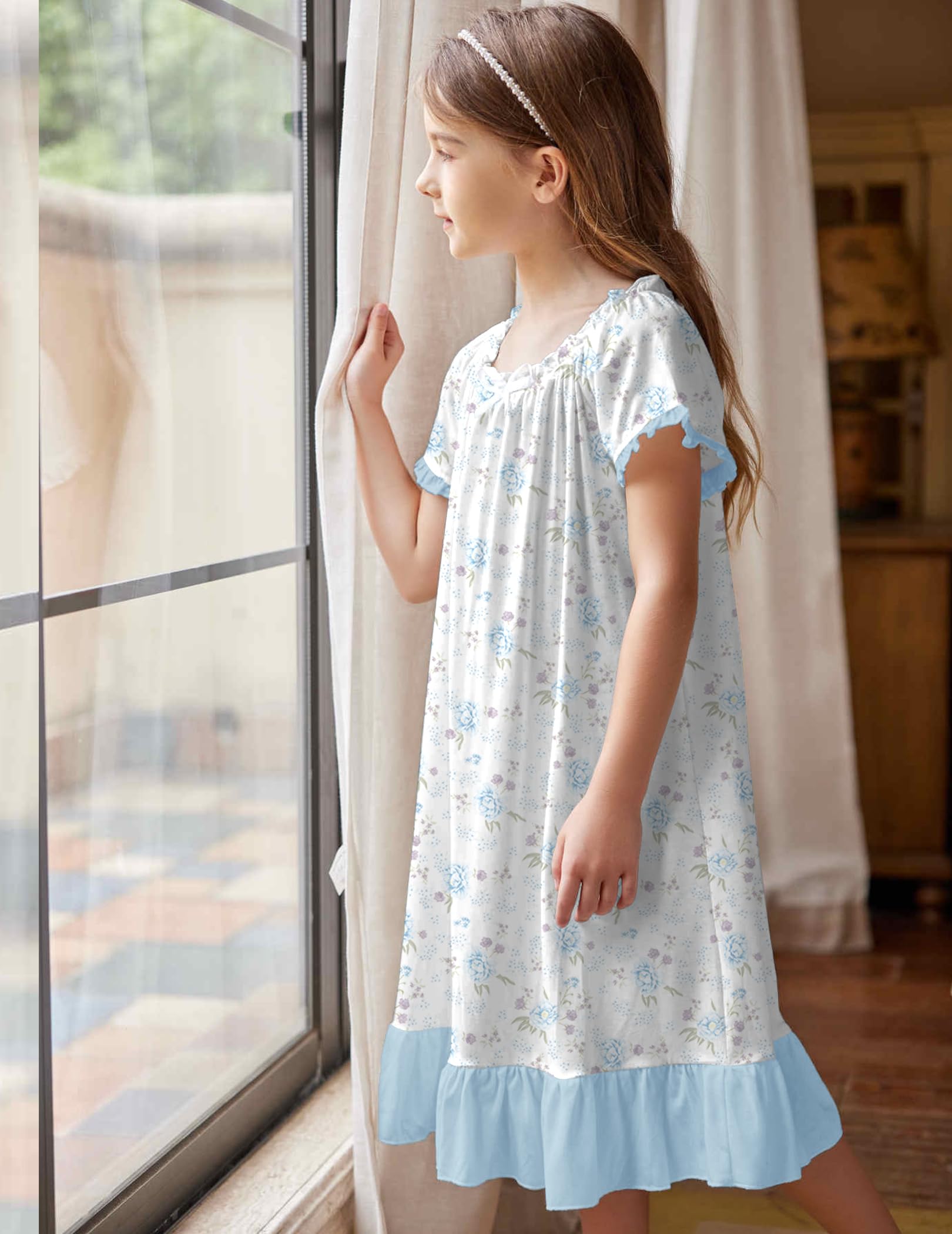 Oudiya Girls Short Sleeve Nightgowns Princess Sleepwear with Ruffled Hem Pajama Dress for Kids 3-12 Years