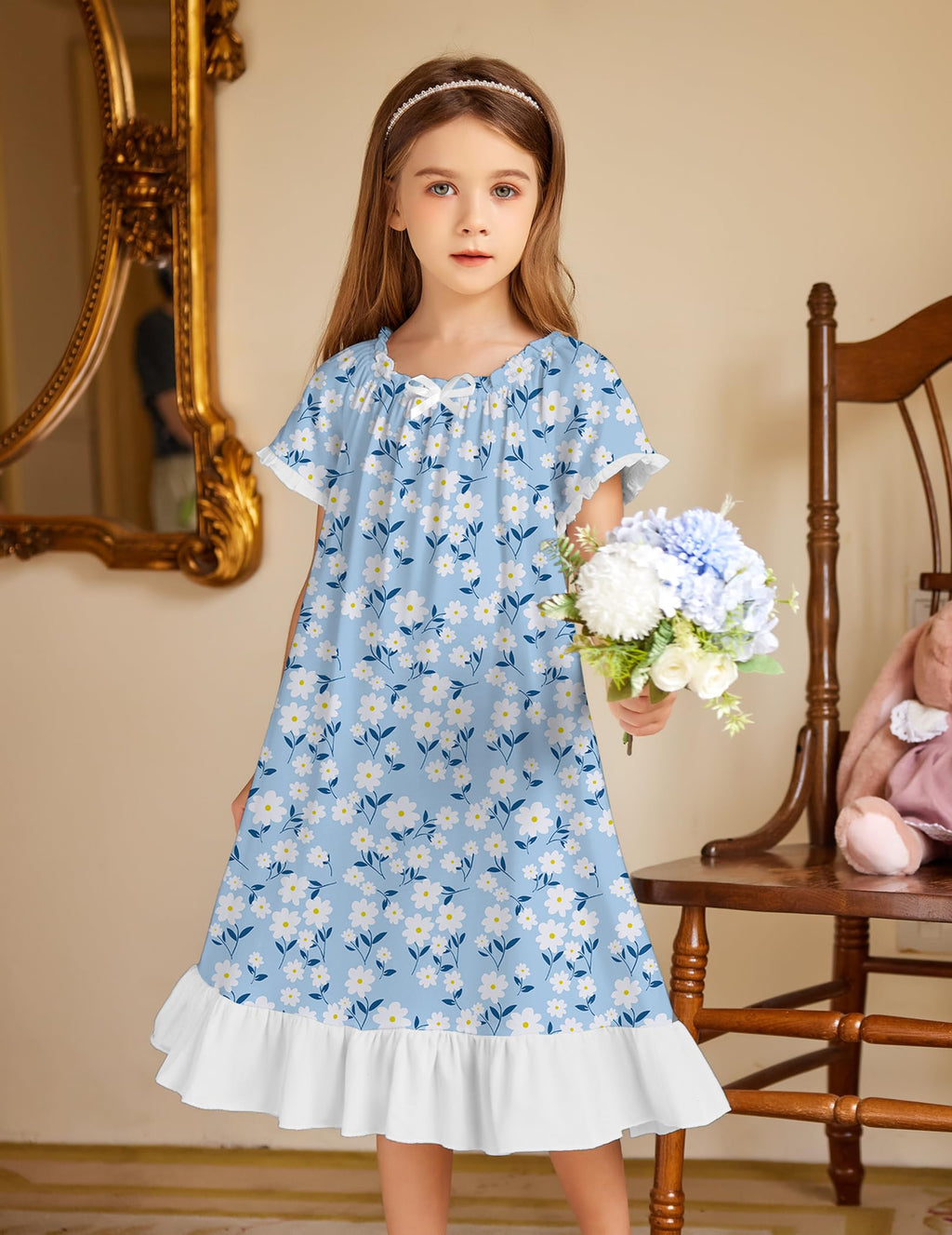Oudiya Girls Short Sleeve Nightgowns Princess Sleepwear with Ruffled Hem Pajama Dress for Kids 3-12 Years