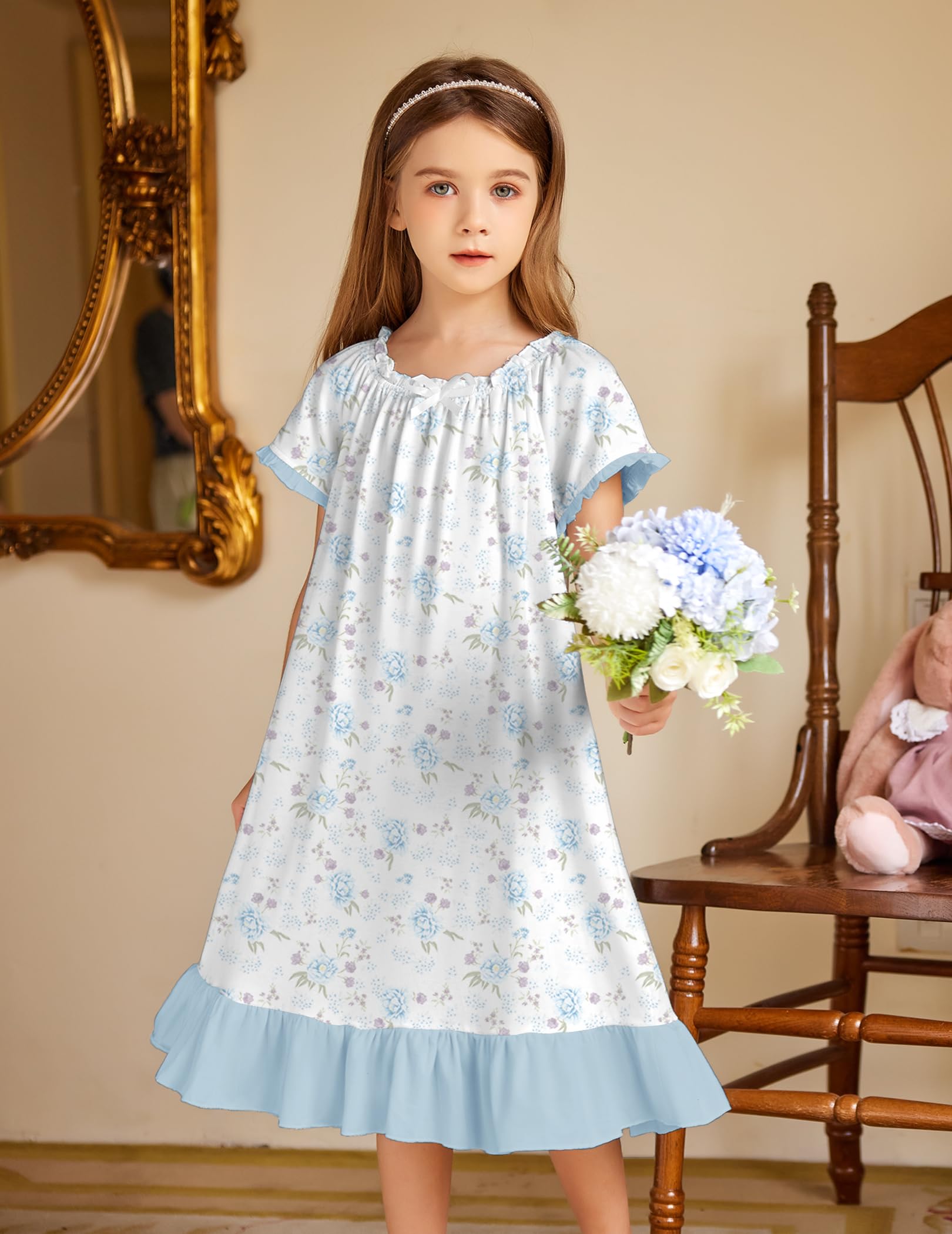 Oudiya Girls Short Sleeve Nightgowns Princess Sleepwear with Ruffled Hem Pajama Dress for Kids 3-12 Years