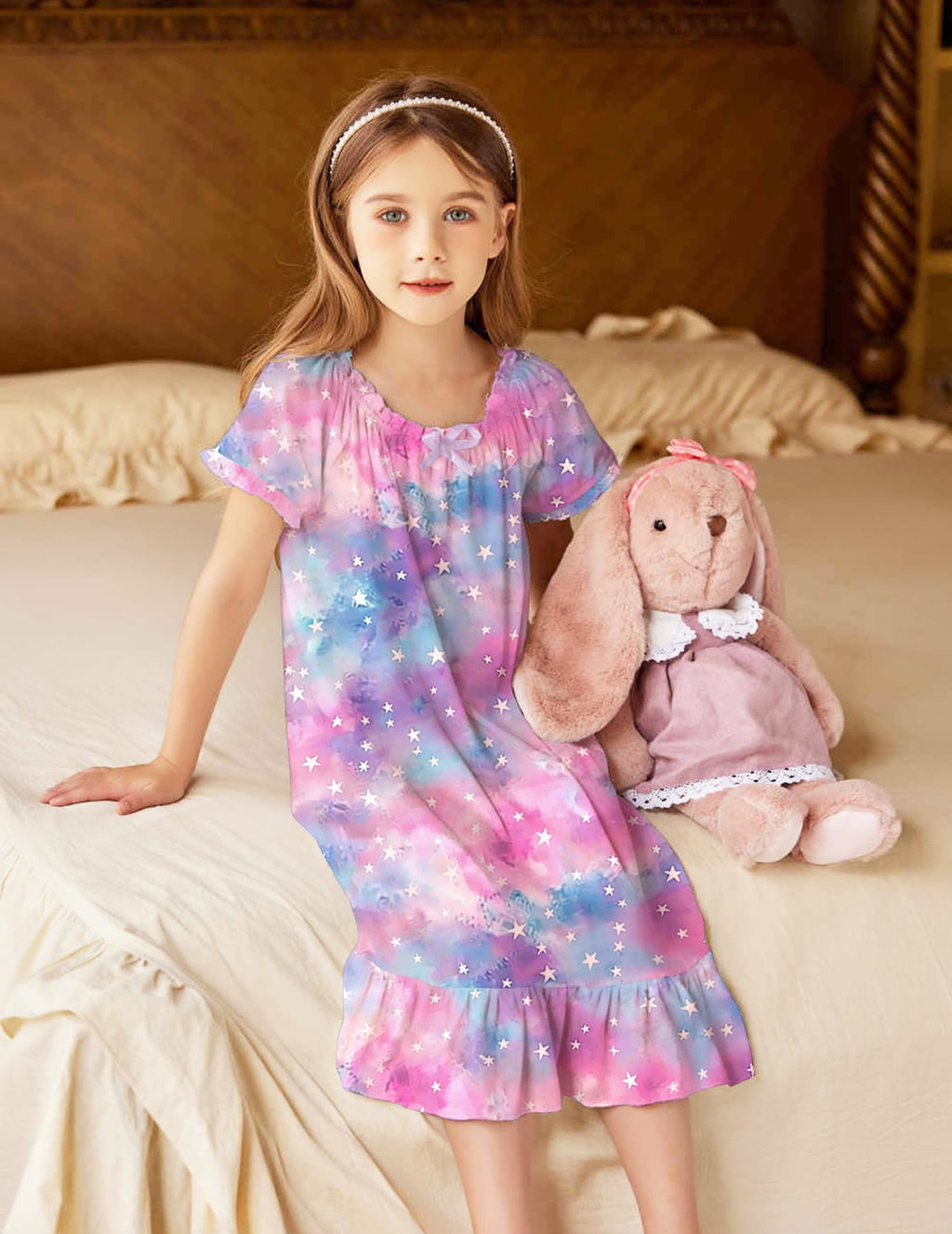 Oudiya Girls Short Sleeve Nightgowns Princess Sleepwear with Ruffled Hem Pajama Dress for Kids 3-12 Years