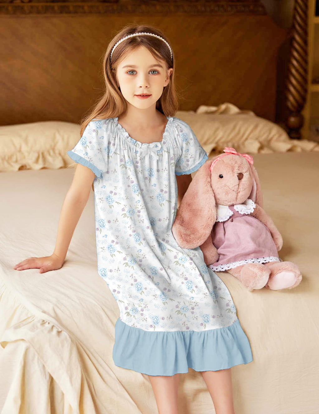 Oudiya Girls Short Sleeve Nightgowns Princess Sleepwear with Ruffled Hem Pajama Dress for Kids 3-12 Years